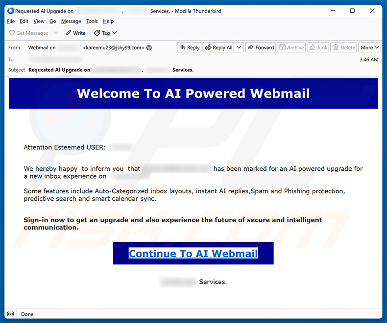 Campaña de spam por correo electrónico AI Powered Webmail Scam