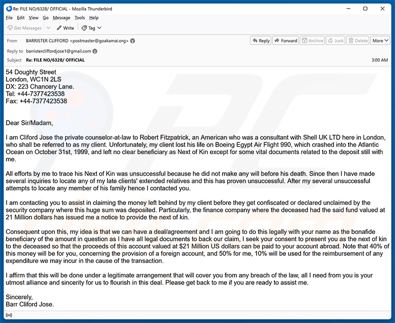 Estafa por correo electrónico Assistance In Claiming The Money