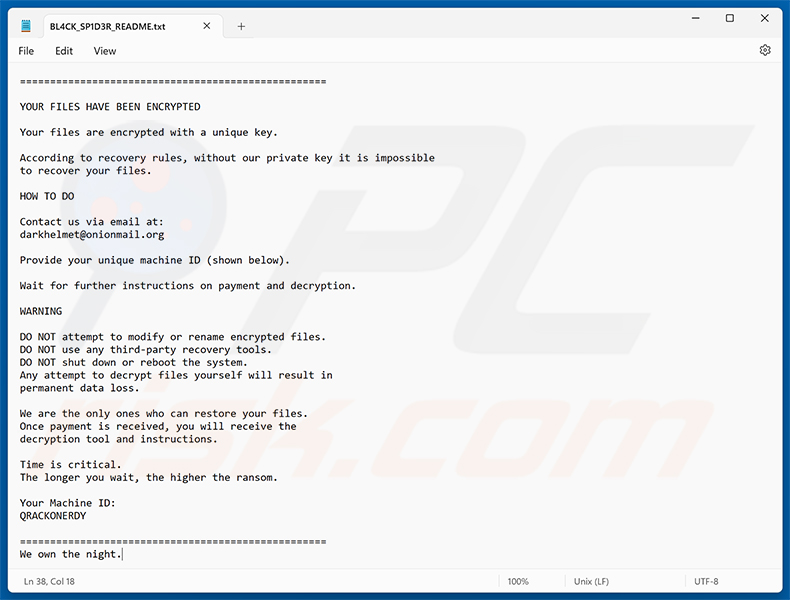 Nota de rescate del ransomware BL4CK SP1D3R (BL4CK_SP1D3R_README.txt)