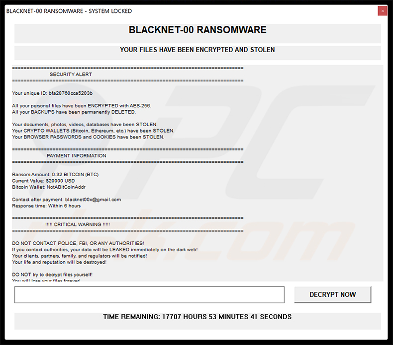 Ventana emergente del ransomware BLACKNET