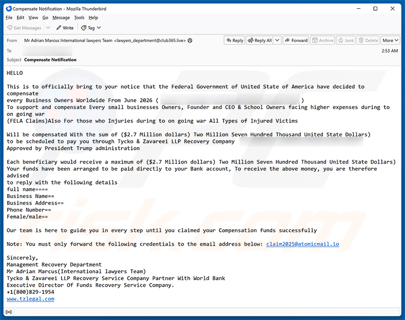Campaña de spam por correo electrónico Business Owner Compensation Email Scam