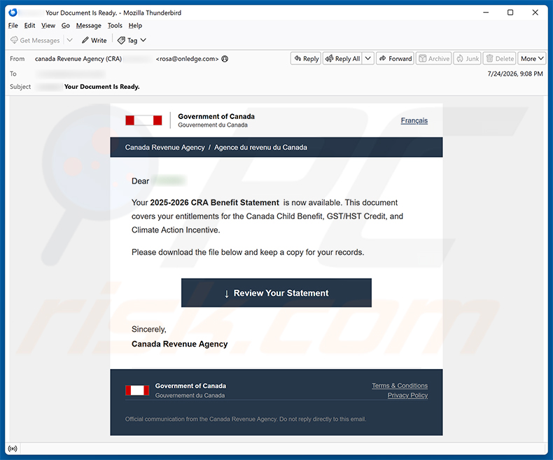 Campaña de spam por correo electrónico Canada Revenue Agency (CRA) Benefit Statement