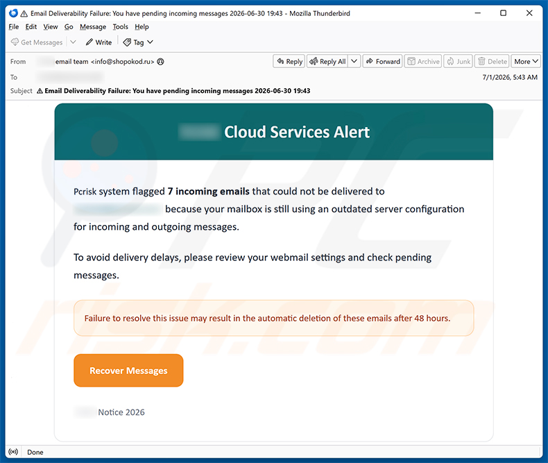 Campaña de spam por correo electrónico Cloud Services Alert