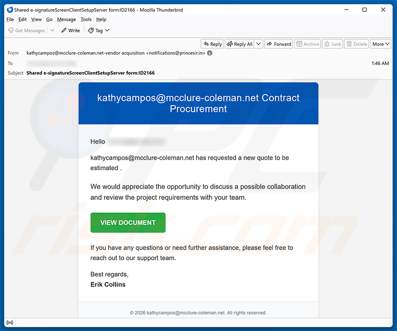Campaña de spam por correo electrónico Contract Procurement Email Virus
