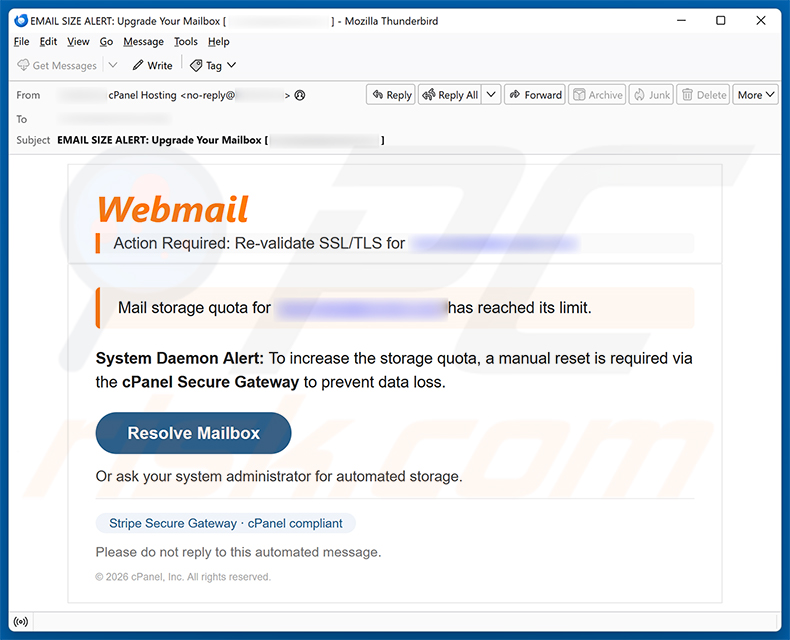 Campaña de spam por correo electrónico cPanel - Re-validate SSL/TLS