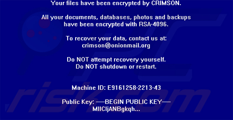 Nota de rescate del ransomware CRIMSON (mensaje a pantalla completa)