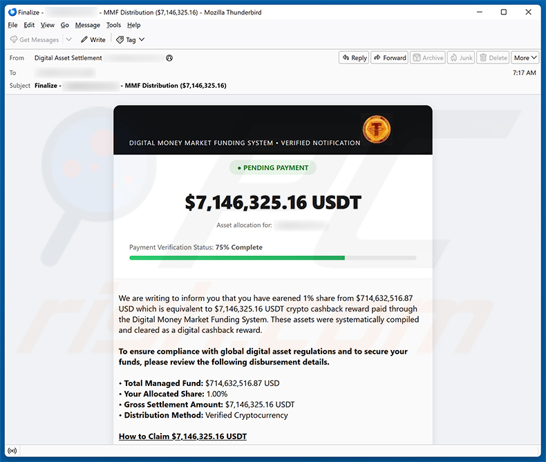 Campaña de spam por correo electrónico Crypto Cashback Reward