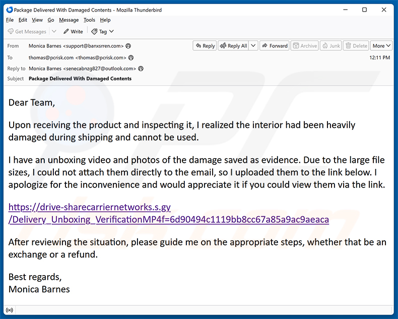 Campaña de spam por correo electrónico Damaged Package Email Virus