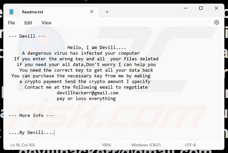 Nota de rescate del ransomware Devill (Readme.txt)