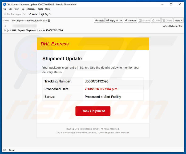 Campaña de spam por correo electrónico DHL Express Shipment Update
