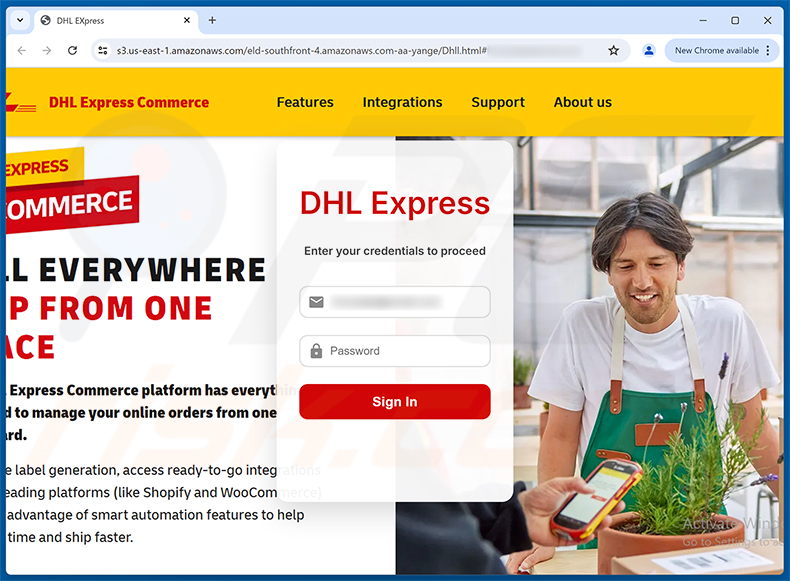 Página de phishing DHL Express Shipment Update