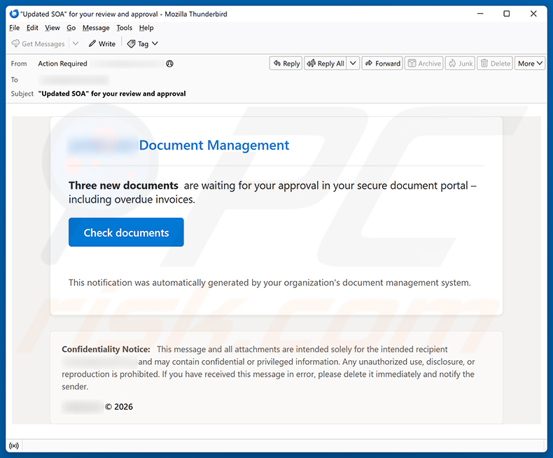 Campaña de spam por correo electrónico Documents Are Waiting For Your Approval