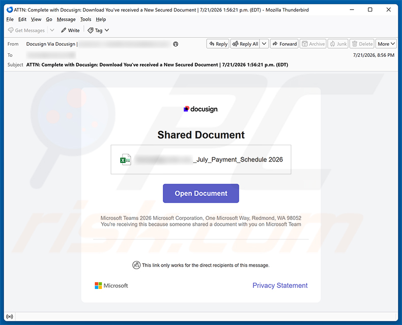 Campaña de spam del virus por correo electrónico DocuSign - Shared Document