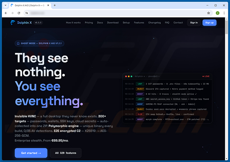 Sitio web de Dolphin X RAT que promociona las funciones de stealer y control remoto