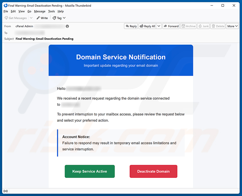 Campaña de correo spam Domain Service Deactivation