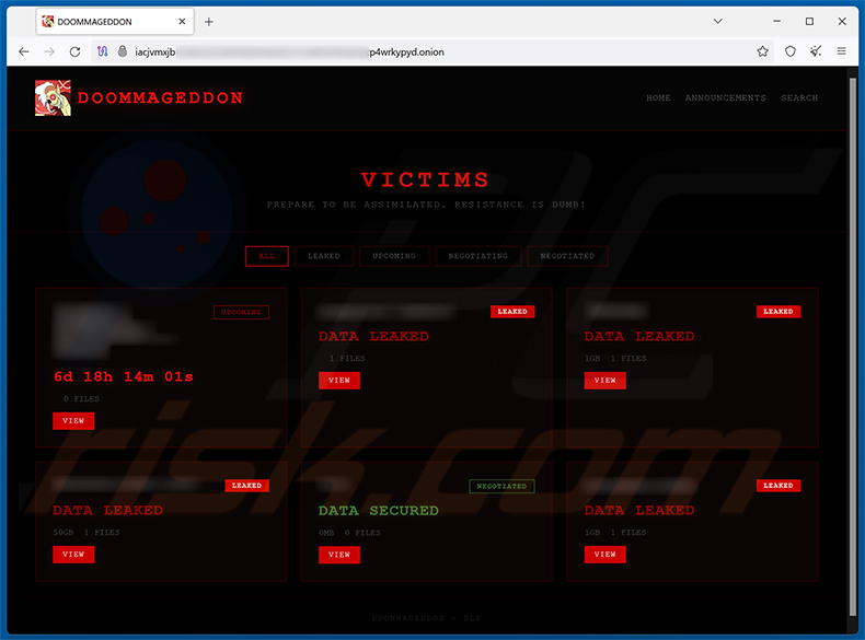 Sitio de filtración de datos del ransomware Doommageddon