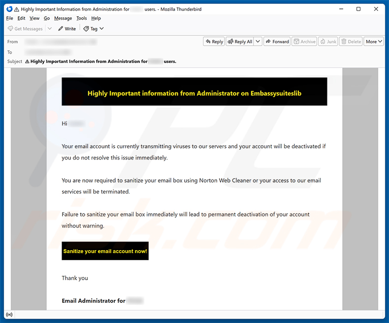 Campaña de spam de la estafa por correo electrónico Email Account Is Currently Transmitting Viruses