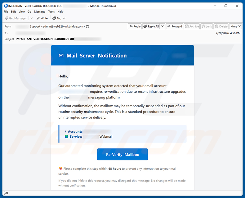 Campaña de spam por correo electrónico de la estafa Email Account Requires Re-Verification
