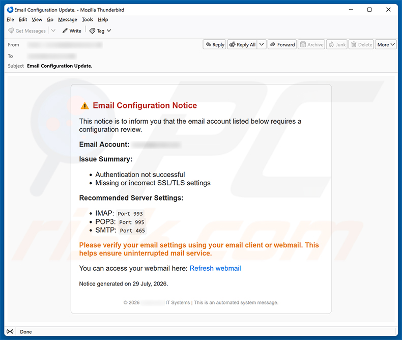 Campaña de spam por correo electrónico de la estafa Email Configuration Notice