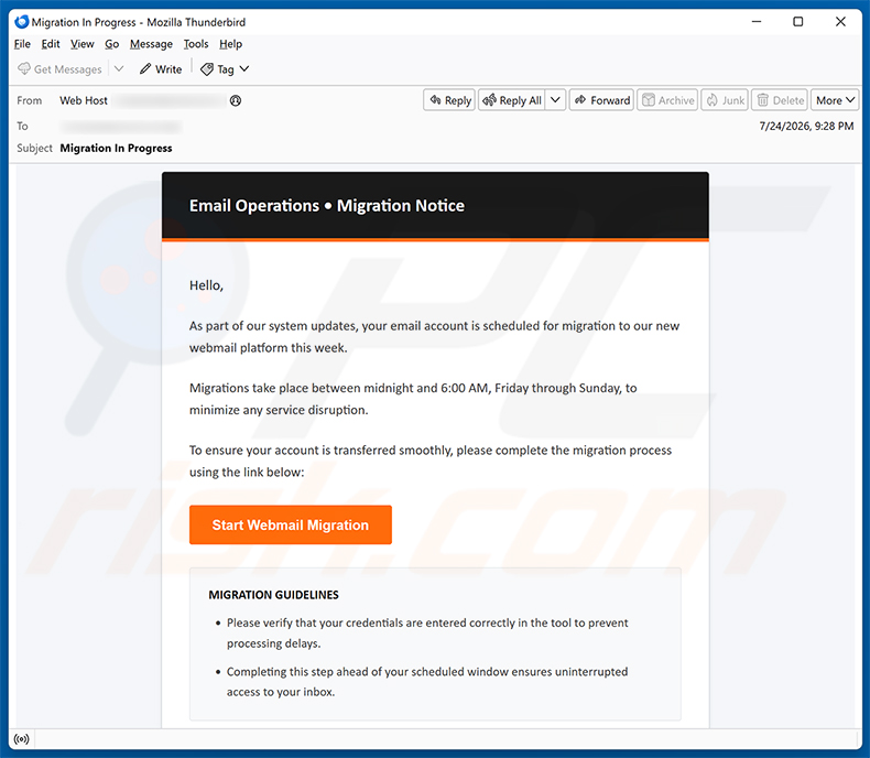 Campaña de spam por correo electrónico de la estafa Email Migration Notice