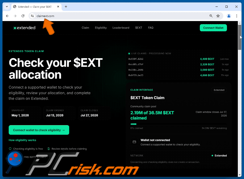 Apariencia de Extended ($EXT) Allocation estafa (GIF)