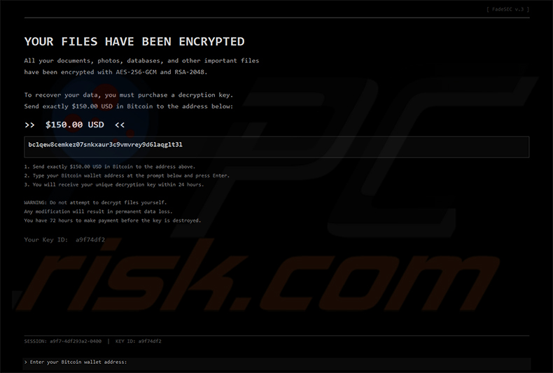 Nota de rescate del ransomware FadeSEC (mensaje interactivo a pantalla completa)