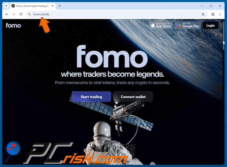 Apariencia de la estafa de la plataforma de trading falsa Fomo (GIF)
