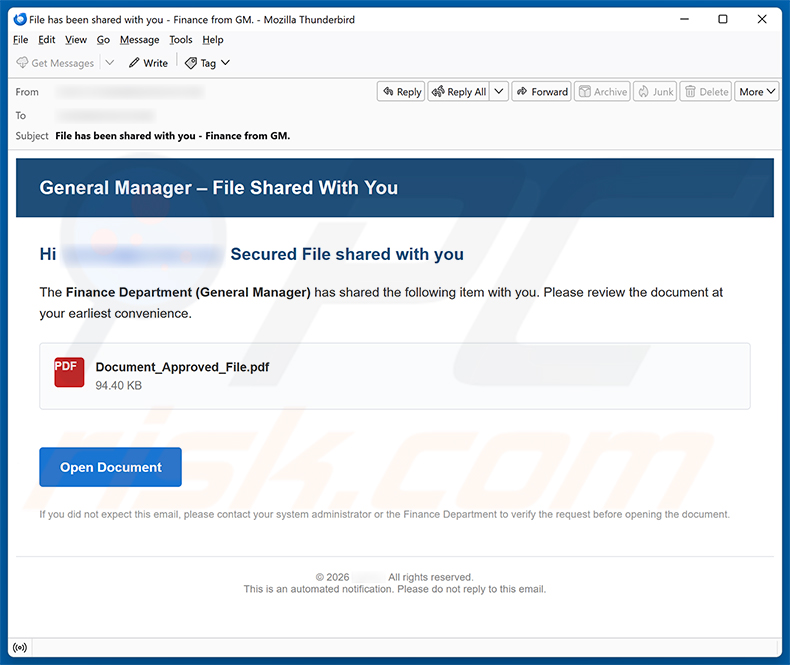 Campaña de spam por correo electrónico Finance Department (General Manager) Secure File