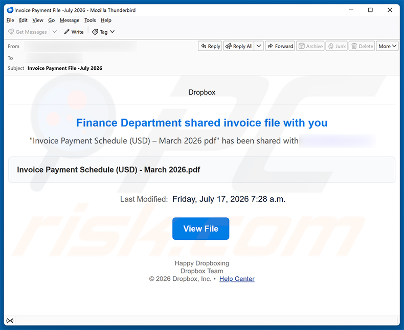 Campaña de spam por correo electrónico Finance Department Invoice estafa por correo electrónico