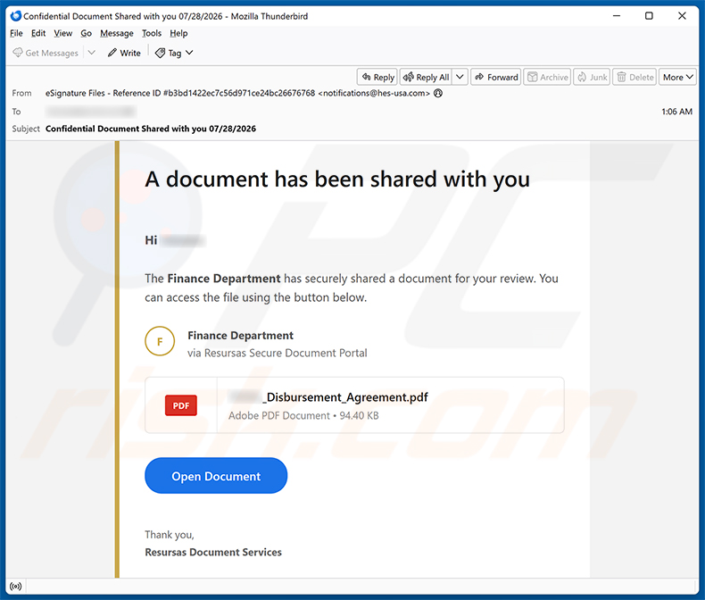 Campaña de spam Finance Department Secure Document Email Virus