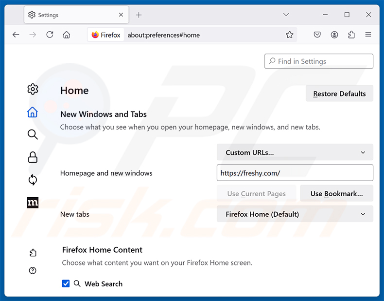 Eliminación de Freshy Search (freshy.com) de la página de inicio de Mozilla Firefox
