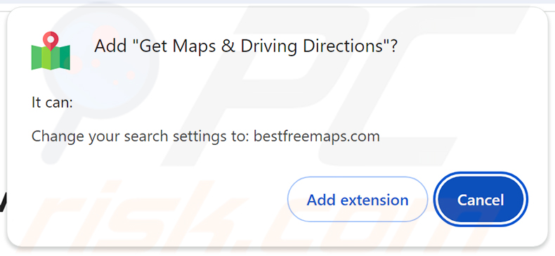 Permisos solicitados por el secuestrador de navegador Get Maps & Driving Directions (bestfreemaps.com)