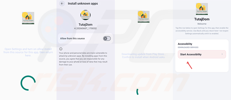 Proceso de instalación de Glitch SPY RAT - la aplicación falsa TutajDom solicitando permiso de fuentes desconocidas y acceso de accesibilidad