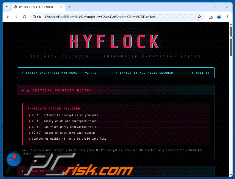 Nota de rescate del ransomware HYFLOCK (How to Restore My Files.html)