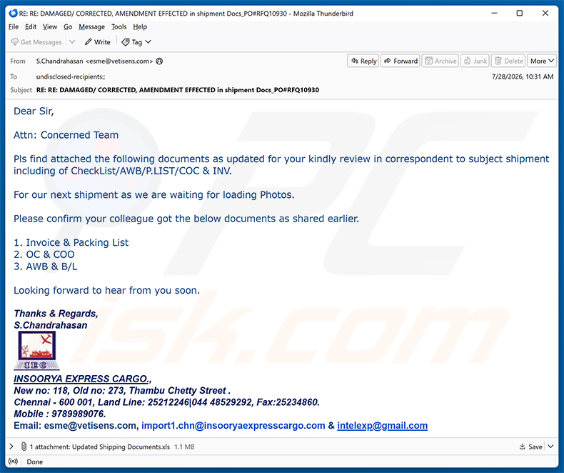 Campaña de spam del virus por correo electrónico Insoorya Express Cargo Shipment Documents