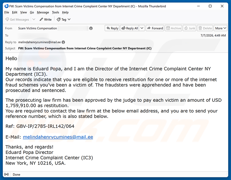 Internet Fraud Victim Compensation estafa por correo electrónico (2026-07-08)