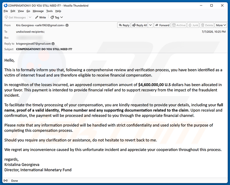 Campaña de spam por correo electrónico Internet Fraud Victim Compensation