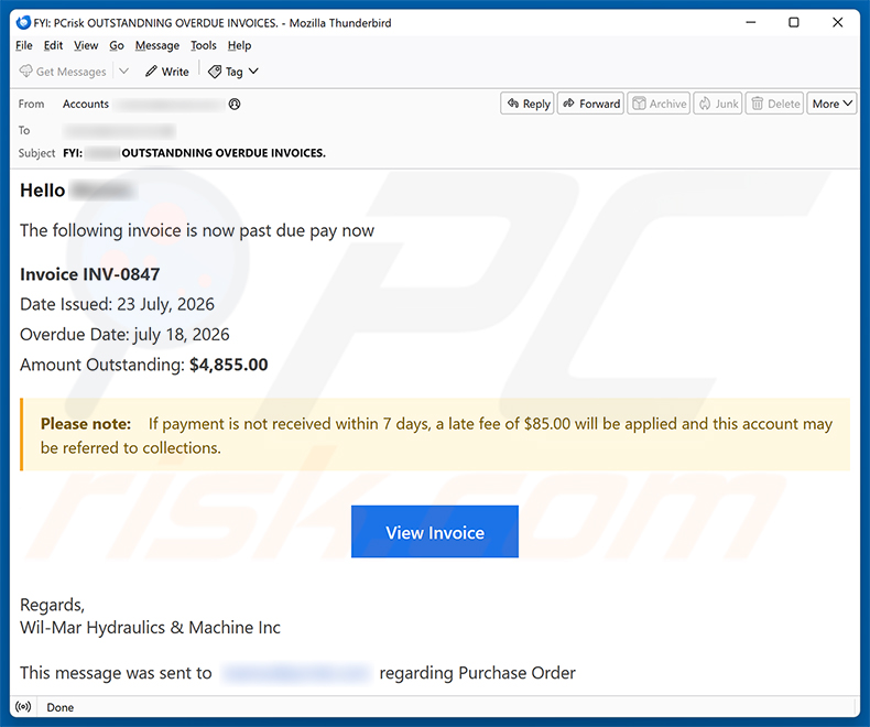 Campaña de spam de la estafa por correo electrónico Invoice Is Past Due