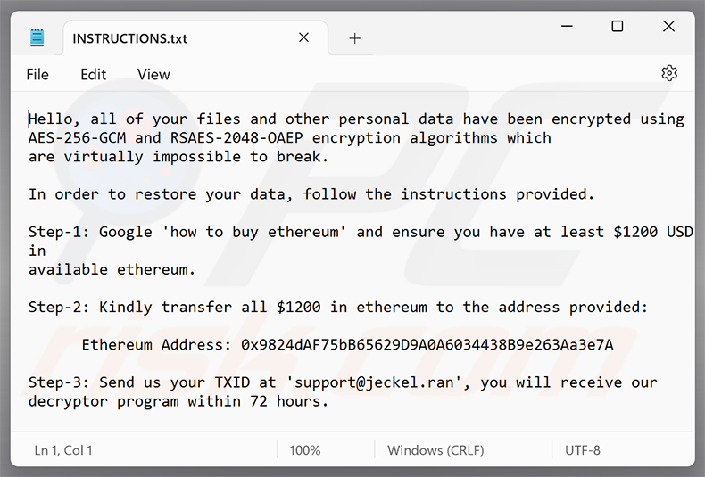 Nota de rescate del ransomware Jeckel (INSTRUCTIONS.txt)