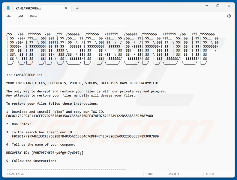 Archivo de texto del ransomware KansasGroup (KANSASGROUP.txt)