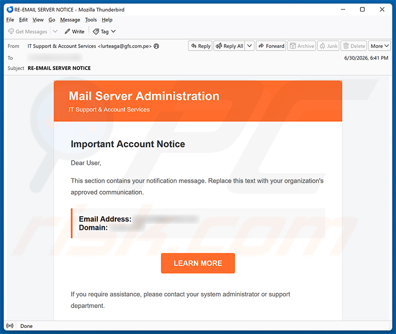 Campaña de spam por correo electrónico Mail Server Administration Scam