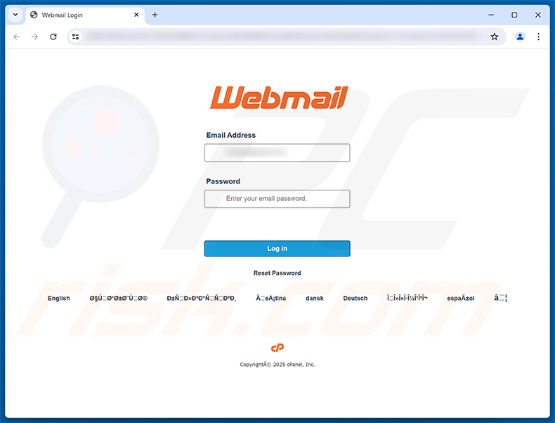Página de phishing de Mail Server Administration Scam
