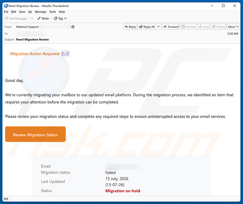 Campaña de spam por correo electrónico Migration Action Required