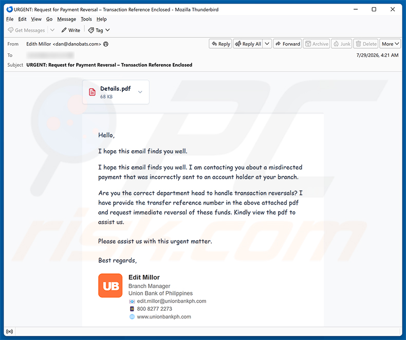 Campaña de spam por correo electrónico Misdirected Payment Email Scam
