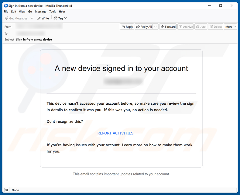 Campaña de spam por correo electrónico de la estafa New Device Signed In To Your Account