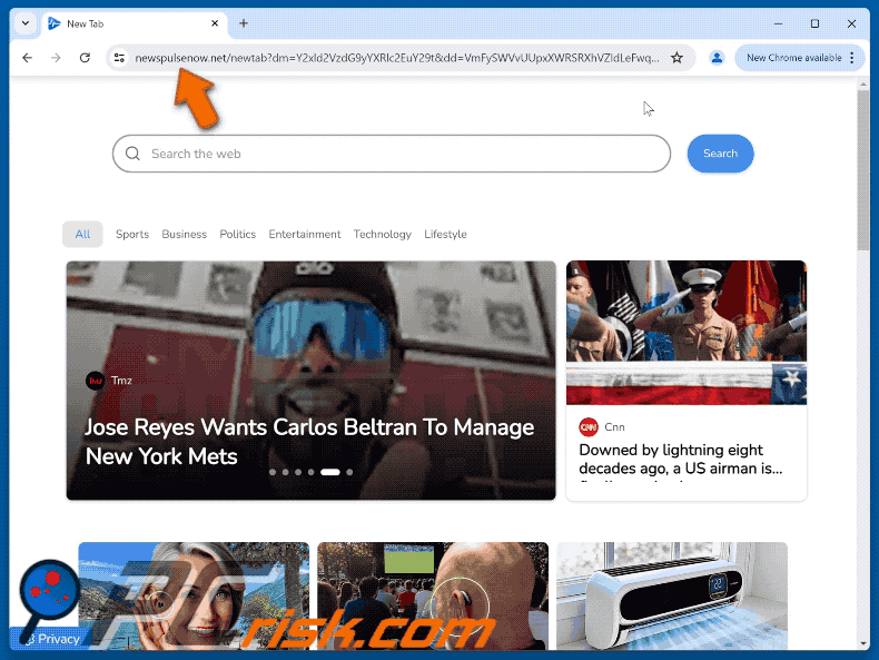 secuestrador de navegador newspulsenow.net redirigiendo a Yahoo (GIF)