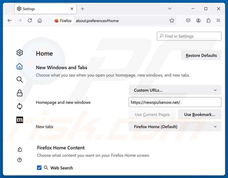 Eliminando newspulsenow.net de la página de inicio de Mozilla Firefox