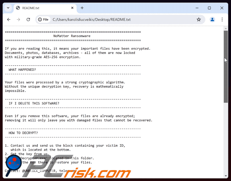Nota de rescate del ransomware NoMatter (README.txt)