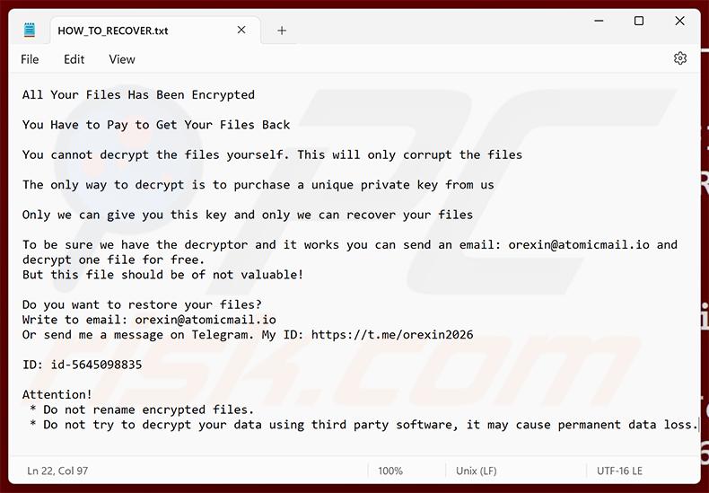 Nota de rescate del ransomware Orexin (HOW_TO_RECOVER.txt)