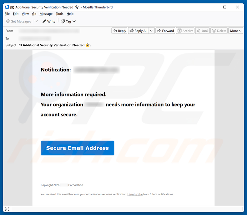 Campaña de correo electrónico no deseado Organization Needs Information To Keep Account Secure